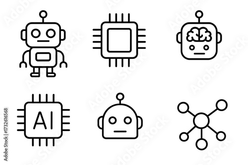 Artificial intelligence line icon collection. Smart robotic, processor chip, AI brain, android bot, and neural network vector set. Technology and machine learning symbols pack.