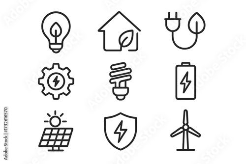 Green energy line icon set. Sustainable power and ecology vector symbols. Renewable electricity concepts for web and app. Solar panel, wind turbine, eco house collection.