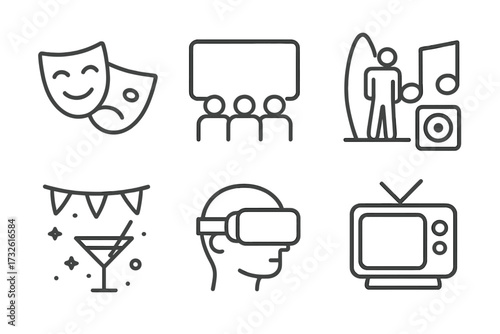 Entertainment and leisure line icon set. Icons for arts, media, and hobbies like theater, cinema, party, surfing, music, virtual reality and television. Vector pictograms.