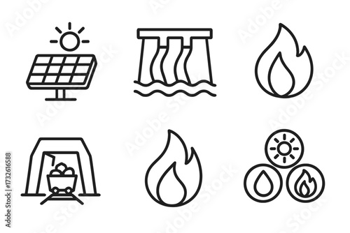 Energy types line icon set. Power generation sources. Renewable, sustainable energy. Solar panel, sun, hydroelectric dam. Fossil fuel. Coal mine, gas, fire flame. Vector.