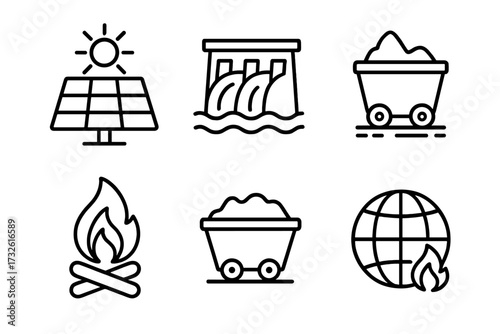 Energy and power vector icon set in line art style. Solar panel, hydroelectric dam, coal mine, fossil fuel, and global warming symbols. Renewable vs non-renewable sources.