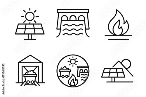 Energy types line icon set. Power generation resources. Solar panel, sun, hydroelectric dam, water, coal mine, fossil fuel, fire. Renewable, alternative, sustainable resource.