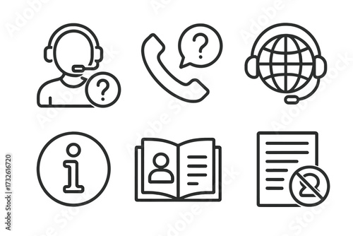 Help and support vector icon set. Line style symbols for customer service, call center, FAQ, online assistance, information, user manual, and terms of use. Web UI elements.