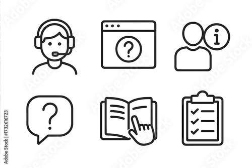 Help and support icon set. Customer service, FAQ, and online assistance line icons. Vector symbols for info center, user manual, rules, and checklist for web and app design.