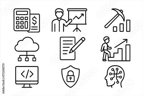 Business hard skills thin line icon set. Accounting, coaching, data mining, cloud computing, copywriting, career growth, software coding, cyber security, and AI technology.