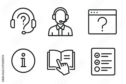 Help and support line icon collection. Customer service, online assistant, info center, and FAQ symbols. Headset operator, instruction manual, rules checklist vector graphics.