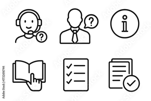 Help and support icon set in a simple line style. Customer service, assistance, info center, user manual, and rules concept. Vector icon collection for web and mobile UI design.