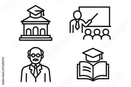 Higher education line icon set. University, academy, college symbols. Professor, teacher, lecturer. Graduation cap, book, study, knowledge. Classroom learning pictogram.
