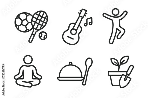 Hobby icon set. Leisure activities line icons. Sports, music, dancing, yoga, cooking, gardening. Outline vector symbols for wellness, lifestyle concepts. Pictogram collection.