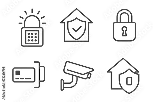Home security line icon set. Vector symbols for safety, protection, and smart home technology. Includes alarm system, cctv camera, key card access, lock, and insurance icons.