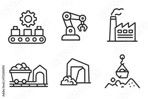 Industry icon set in thin line style. Manufacturing, factory, production, and automation concept. Robotic arm, conveyor belt, assembly line, mine cart vector graphics.