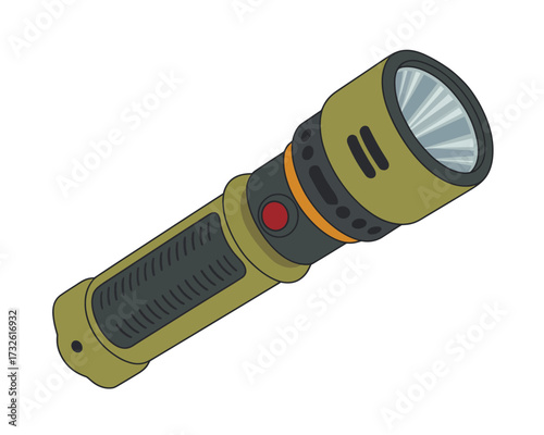 Durable olive green tactical flashlight with black grip and orange accent