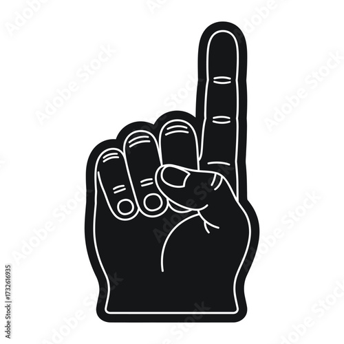 Black foam finger pointing upwards on a white background
