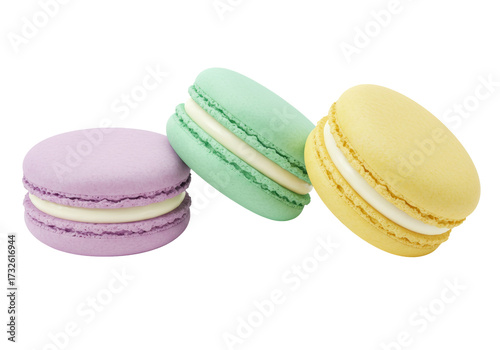 Colorful macarons isolated PNG, pastel purple green and yellow cookies with cream filling for dessert and confectionery concepts