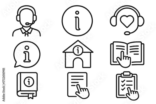 Info and support line icon set. Customer service, call center, online help, and information center symbols. FAQ, guide, manual, and instruction outline vector collection.