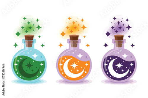 Three magical potions with sparkling effects and celestial symbols