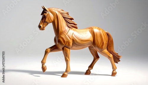 A detailed, polished wooden sculpture of a horse in mid-stride. It's standing on a solid surface and the light creates a soft shadow