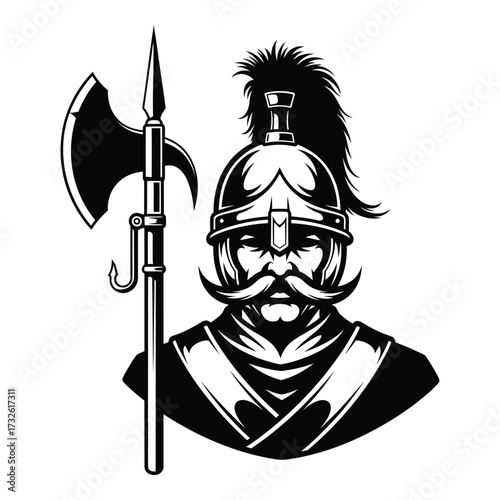 Medieval guard warrior with halberd emblem knightly helmet detailed portrait military symbol silhouette