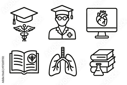 Medical education line icon set. Medicine university, student graduation, science study concept. Vector symbols of doctor, heart, lungs, book. Healthcare learning collection.