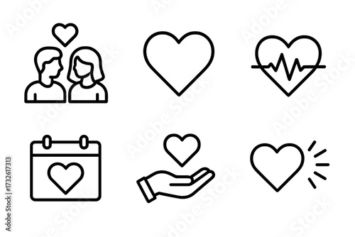 Love and romance icon set. Line art symbols for web design. Vector illustration of a couple, heart, heartbeat, dating calendar, and charity hand. Relationship & Valentine's Day concept.