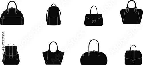 Bag silhouettes, backpack icon, handbag design, tote bag, duffel style, fashion accessory, luggage illustration, travel bag, purse vector, black artwork