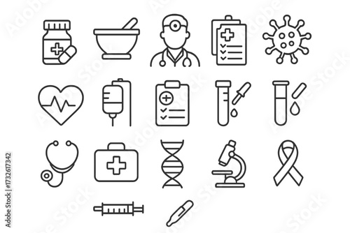 Medical and healthcare line style icons set with medicine, prescription, doctor, virus, testing, lab research, scientific discovery, diagnostic tools, and infographic vector illustration collection