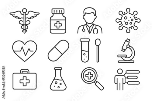 Medical and healthcare line icon set. Vector symbols of medicine, doctor, virus, research, lab test, rx, and pharmacy. Thin outline illustration for web, app, infographics.
