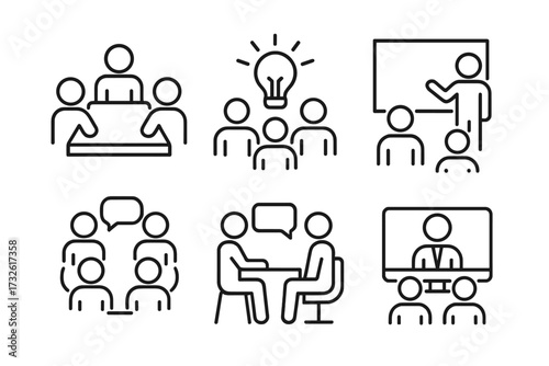 Meeting web icon set in line style, team conference, brainstorming session, seminar presentation, interview discussion, business group collaboration, vector illustration