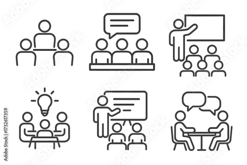 Meeting and conference line icons set with team collaboration, brainstorming sessions, seminar presentations, and interviews, vector illustration collection for business and communication