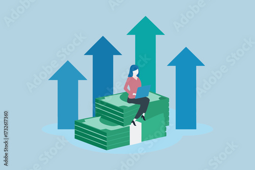 Woman working on laptop sitting on stack of money with upward trending arrows symbolizing financial growth and success