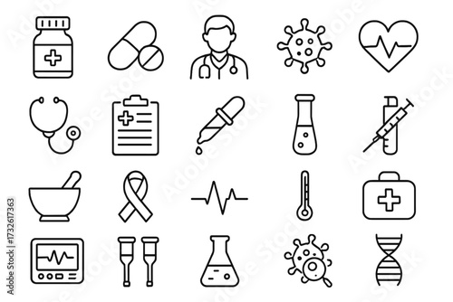 Medical and Healthcare Icon Set in Line Style with Medicine, Pills, Doctor, Virus, Testing, Lab Equipment, Scientific Discovery, Infographics, and Health Symbols Vector Illustration