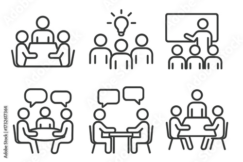 Business meeting and teamwork line icons set, conference, brainstorming, seminar, interview, communication symbols, vector illustration, transparent background collection