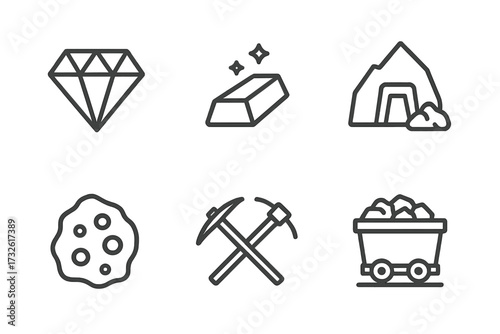 Mining web icons in line style set with diamond, gold bar, mine entrance, ore rock, crossed pickaxe tools, coal wagon, industrial vector illustration with transparent background