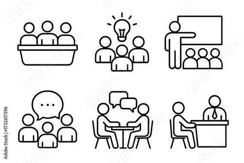 Meeting web icon set in line style, conference teamwork group, brainstorming idea, seminar presentation, business interview, communication and collaboration vector illustration collection