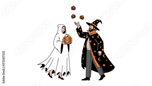 Spooky Gathering: A whimsical illustration capturing a spectral figure holding a carved pumpkin alongside a magician, juggling festive pumpkins, all set against a minimalist backdrop.