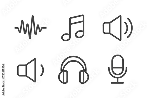 Music web icons line style vector set with audio wave, music note, volume speaker, headphones, microphone symbols, transparent background, sound and audio interface illustration