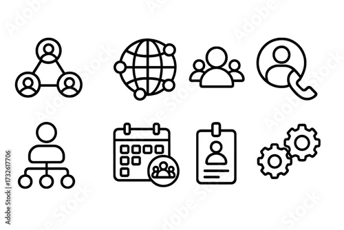 Networking web icons in modern line style, connection symbols, community and social network, contact us, events calendar, professional group, ID badge, and settings gear vector illustration
