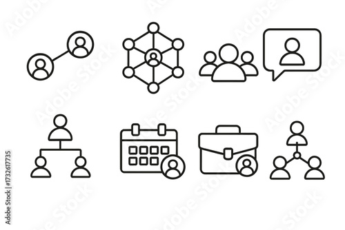 Networking line icons set with people connection, social network, community, professional contacts, event calendar, business briefcase, and organizational chart vector collection