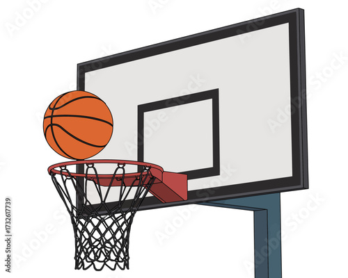 Basketball hoop with ball in net on white background