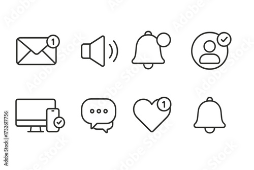 Notification web icons line style, message alert, sound speaker, bell reminders, online devices sync, chat bubbles, social notification, digital alerts vector set