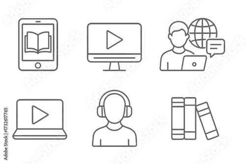 Online Education and E-learning Icons Set in Line Style with E-book, Video Tutorials, Mentor, Distance Learning, Audio Courses, Digital Education Vector Collection