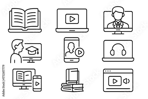 Online education and e-learning icons set in modern line style, including e-books, video tutorials, virtual mentor, distance learning, video and audio courses, digital education tools