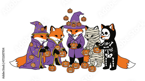 Halloween Foxes Gathering: A whimsical gathering of foxes dressed in Halloween costumes, each holding a jack-o'-lantern and ready for spooky fun. Depicting the spirit of All Hallows' Eve.