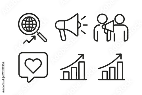 Promotion web icons in line style, SEO globe search, megaphone loudspeaker, social media promoters, heart like message, bar chart growth, marketing success collection, vector illustration