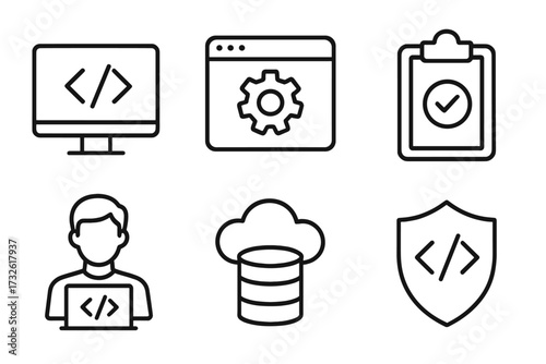 Programming and coding web icons in line style with software development, cloud computing, programmer, data storage, legal check, technology and coding symbols vector illustration
