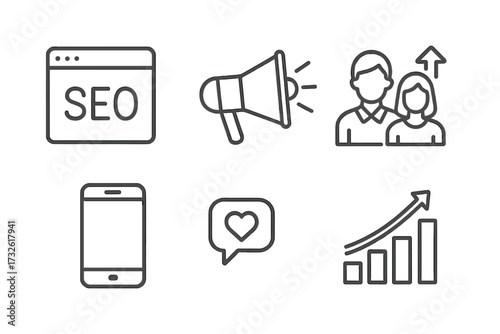 Promotion web icons in line style SEO megaphone promoters social media growth digital marketing set vector illustration transparent background collection