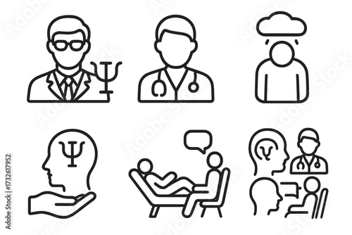 Psychology icon set in line style, psychologist and doctor symbols, depression and mental health concepts, psychological help and individual therapy session vector collection, transparent background