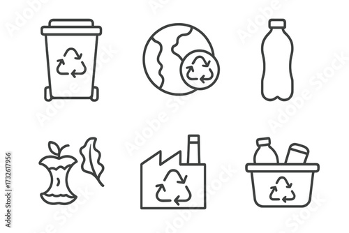 Recycling web icons in line style with garbage bins, environmental globe, plastic bottles, organic waste, recycling plant, and collection symbols, vector illustration transparent background