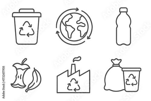 Recycling web icons in line style with garbage bin, environmental globe, plastic bottle, organic waste, recycling plant, and waste collection symbols, vector illustration