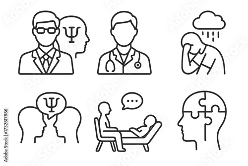 Psychology icon set in line style including psychologist, doctor, depression, psychological help, individual therapy, mental health care, cognitive therapy, counseling concept vector illustration